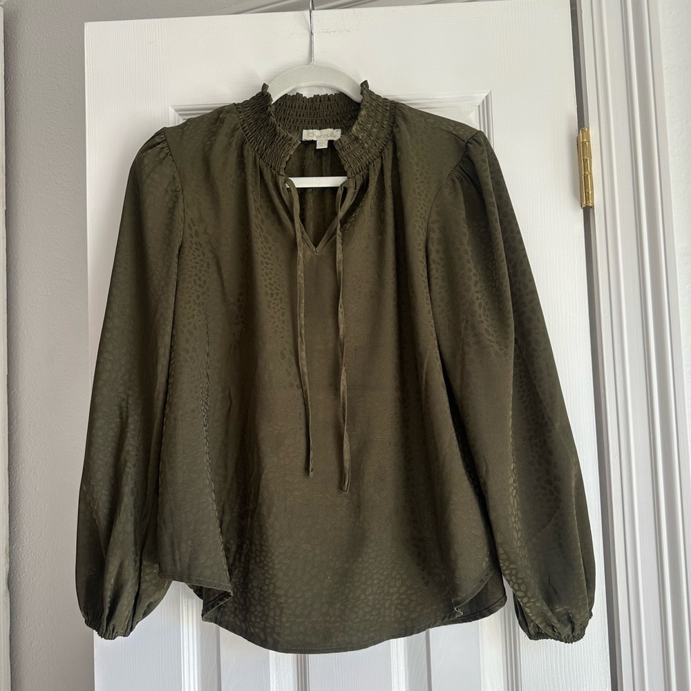 Chenault Women's Ruffle Satin Jacquard Animal Keyhole Blouse Olive Green size S
